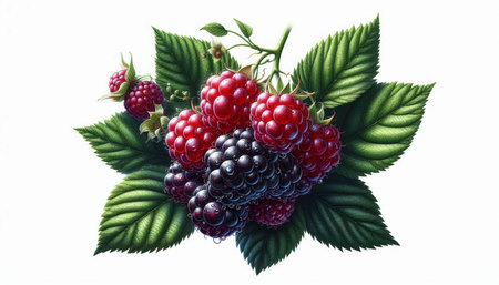 Bouquet of blackberries and raspberries on a white background