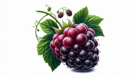 Bunch of blackberries with green leaves isolated on white background.
