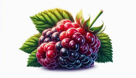 Blackberry and raspberry with leaves isolated on white background. 3d illustration
