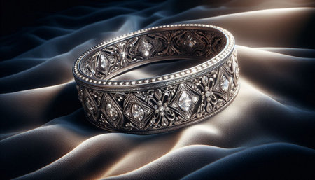 Jewelry ring with diamonds on a background of white silk.