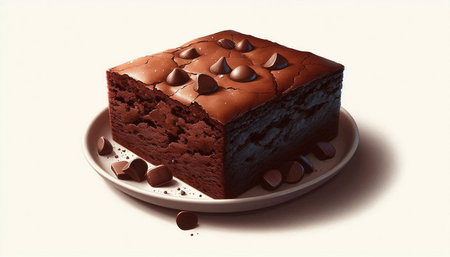 Chocolate cake with chocolate chips on a white plate. Toned.