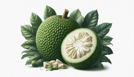 Jackfruit with leaves isolated on white background. 3d illustration.