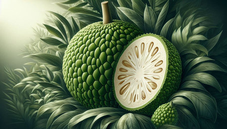 Custard apple fruit on green leaves background. 3d illustration