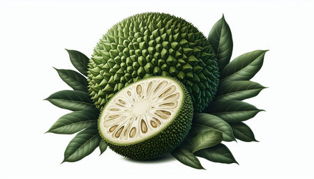 Jackfruit with leaves isolated on a white background. Vector illustration.