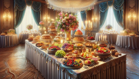 Dessert table with sweets and candies. 3d rendering.