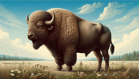 Bison in the meadow - 3D render. Conceptual illustration