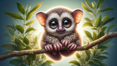 Cute lemur on a branch with green leaves. Illustration