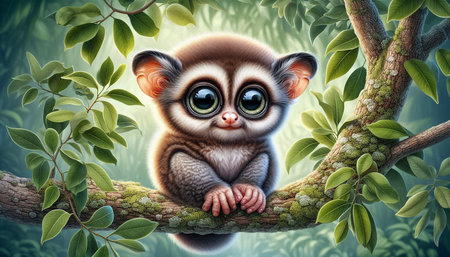 Cute little lemur with big eyes sitting on a tree branch