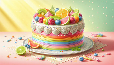 Colorful birthday cake with fruits on pink background. 3d illustration