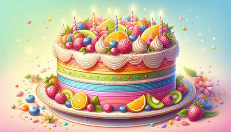 Birthday cake with candles and fruits on colorful background. 3d illustration