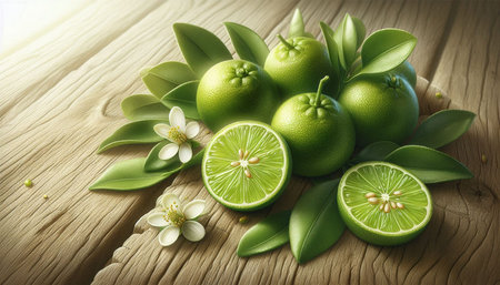Fresh limes with leaves and flowers on wooden background. Toned.