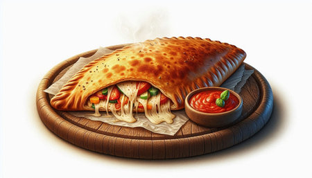 Pizza with tomato sauce on a wooden plate. 3d illustration