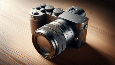 Digital SLR camera on a wooden table. 3d illustration.