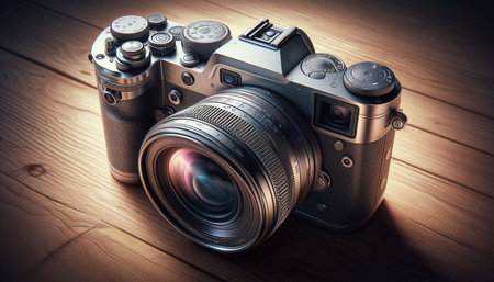 Vintage camera on wooden background. Filtered image processed vintage effect.