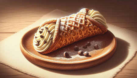 waffle with cream and chocolate in a plate on a wooden table
