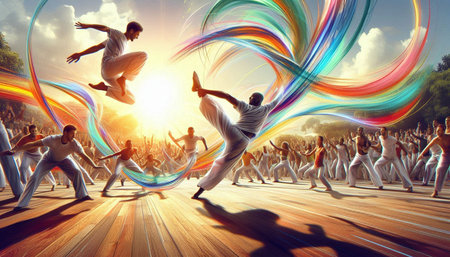 Dancing people in a dance hall at sunset. 3D rendering
