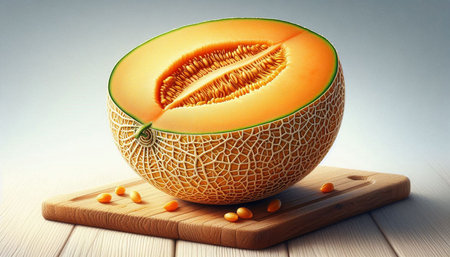 Melon on a wooden cutting board. 3d rendering, 3d illustration.