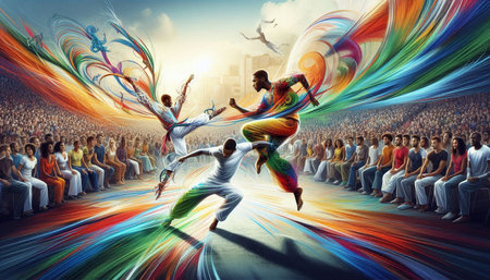 Dancing people in a crowd at a music festival. Mixed media