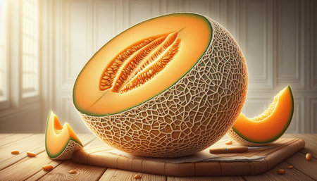 Melon slices with seeds on wooden table. 3d rendering.