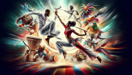 Indian people playing traditional Indian musical instruments on colorful background with space for...