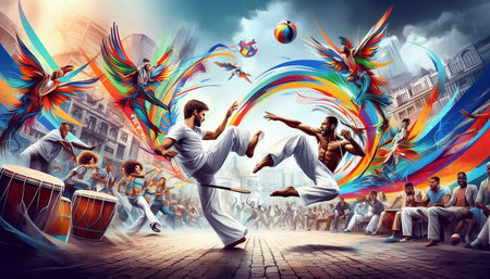 Kung fu and taekwondo fighters fighting in the street