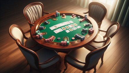 Poker table with chips and cards in the casino. 3d rendering