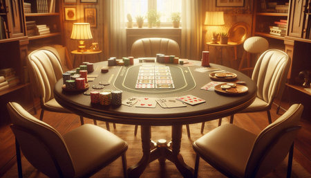 Casino table with chips and cards. Vintage style toned image
