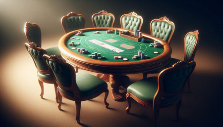 Casino table with green chairs and poker table. Vintage style.
