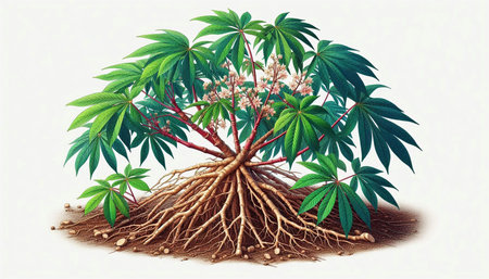 Cassava tree with roots isolated on white background, vector illustration.