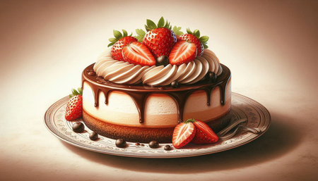 Chocolate cake with strawberries on a silver plate on a light background