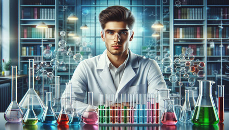 Young male scientist in white coat and glasses working in laboratory with test tubes. Research and...