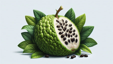 Custard apple with green leaves and seeds. Vector illustration.