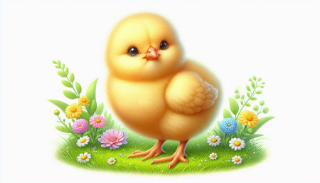 Illustration of a cute little yellow chicken on a green meadow