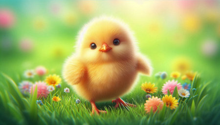 Chick on a meadow with flowers, easter spring background