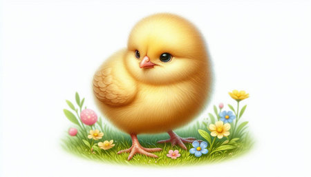 Illustration of a cute little chicken on a green grass with flowers