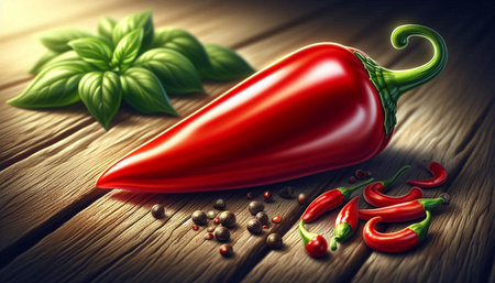 Hot chili peppers and basil on a wooden background. 3d illustration