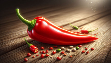 Red hot chili pepper on wooden background. 3d illustration. Vintage style.