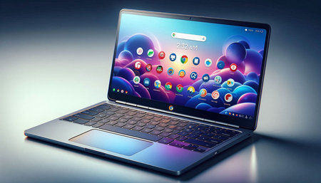 Laptop with colorful screen on grey background. 3D rendering.