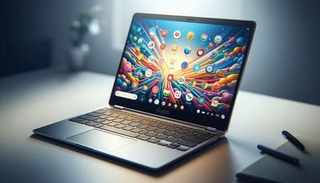 Laptop with colorful media icons on the screen. 3d rendering