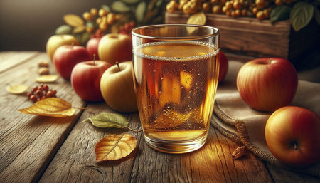 Glass of apple juice with apples and autumn leaves on wooden table.