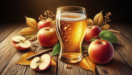Apple cider in a glass with apples and leaves on a wooden background