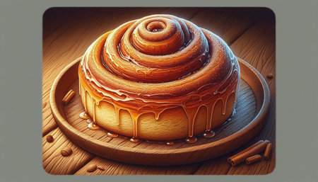 Cinnamon roll with honey and cinnamon sticks. 3d illustration.