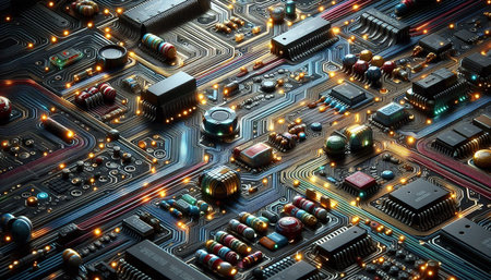 Close-up of electronic circuit board. Technology background. 3D rendering