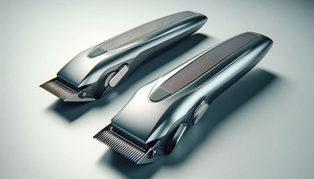 Hair trimmer and hair clipper on a gray background.