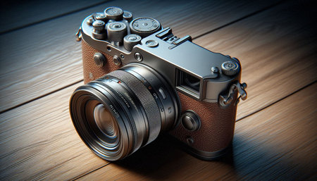 Retro camera on wooden background. Shallow depth of field.