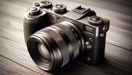 Retro camera on a wooden background. Shallow depth of field