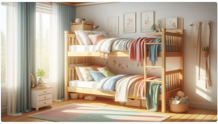 3d render of a children's room with a wooden bunk bed