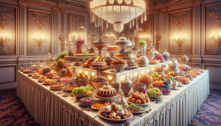 Dessert table in a luxury restaurant. 3D rendering. Vintage style.