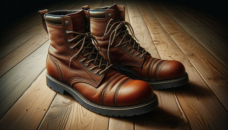 Pair of brown leather boots on wooden floor. Shallow depth of field.