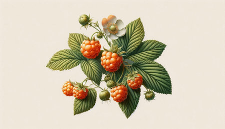 Branch of raspberry with green leaves and flowers on a white background